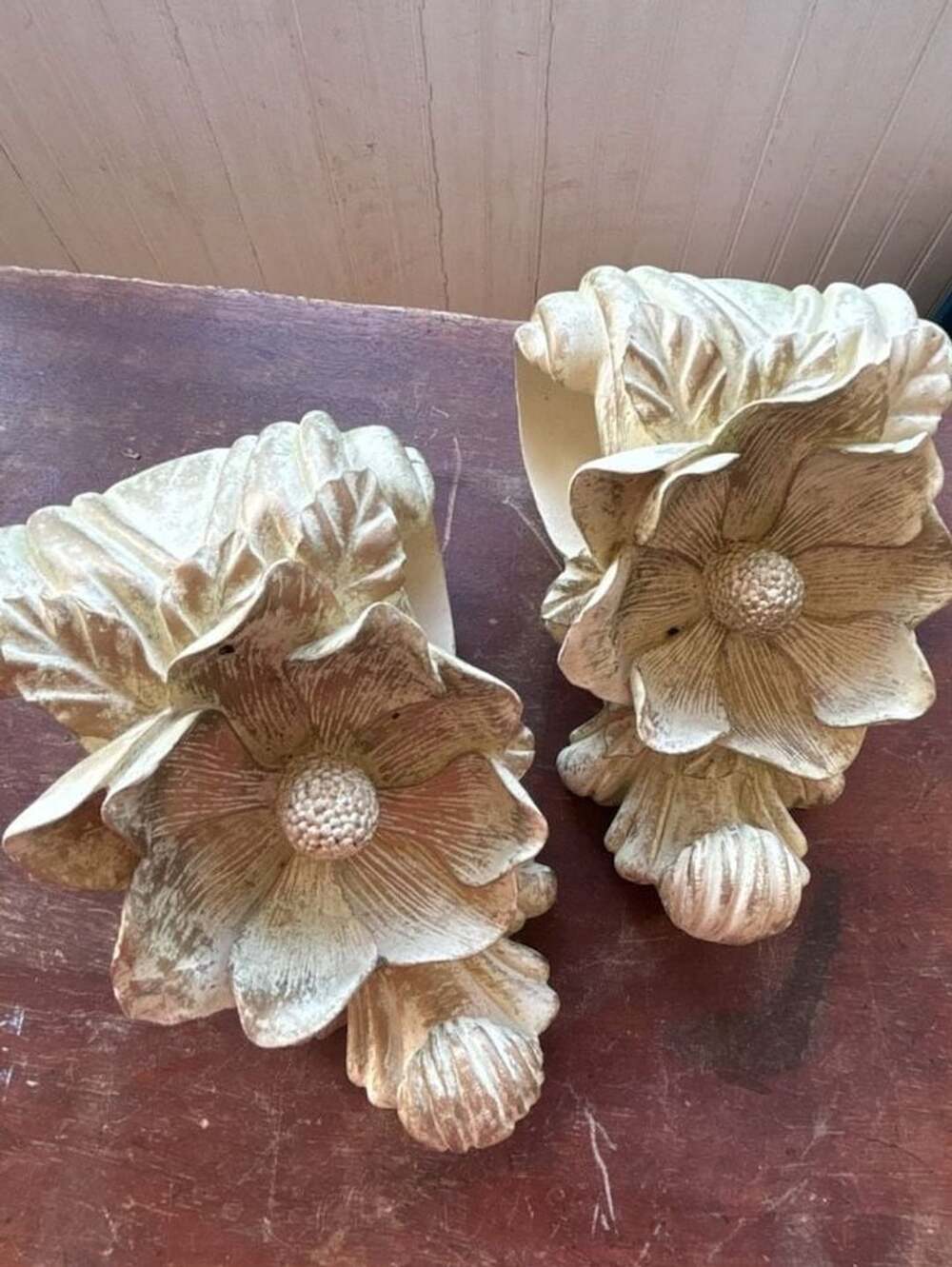 Vintage Pair of Distressed Beige and Gold Floral Wall Sockets Sconces